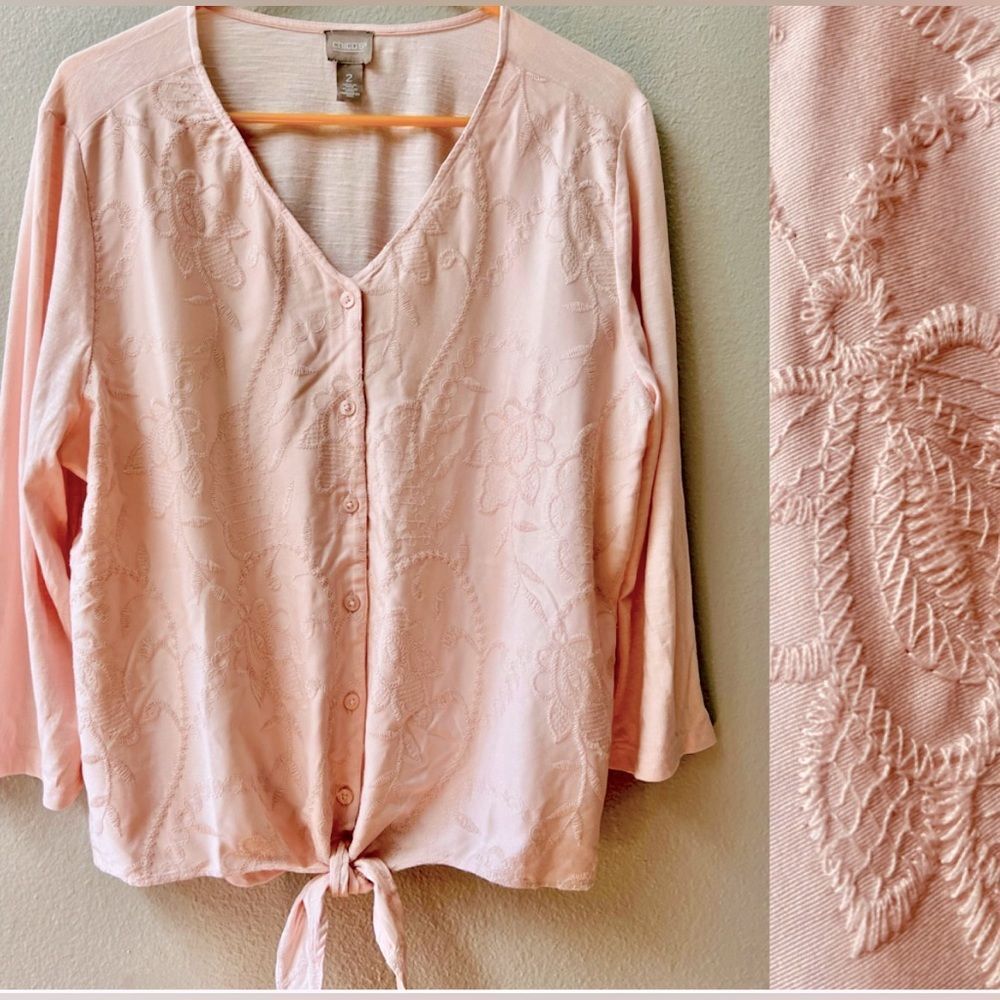 Chico's Light Pink Embroidered Tie-Front Button Down Top